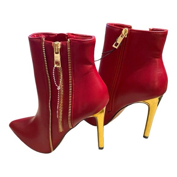 Catherine Malandrino "Zippo" Red Ankle Boots Gold Stiletto Heel - Picture 2 of 6